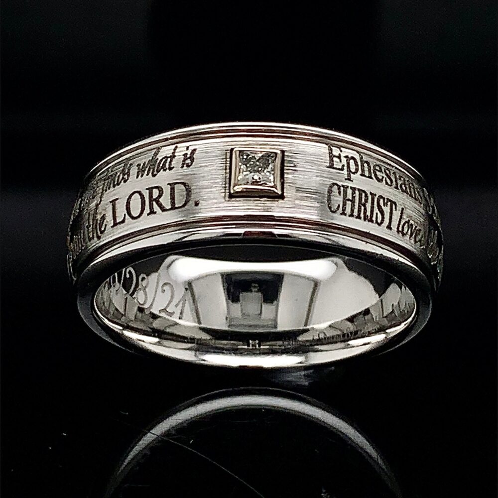 Custom Engraved Cobalt Wedding Ring Diamond Inlay, Bible Verse Gift