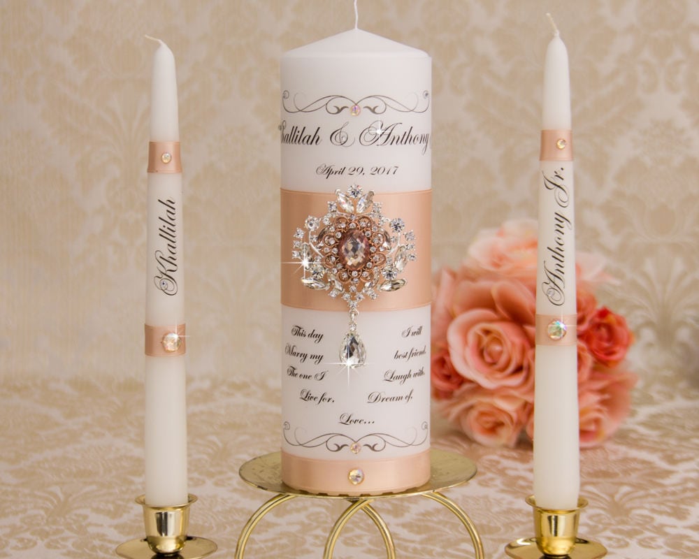Rose Gold Wedding Unity Candle Set, Personalized Ceremony Blush Candles Crystal Set