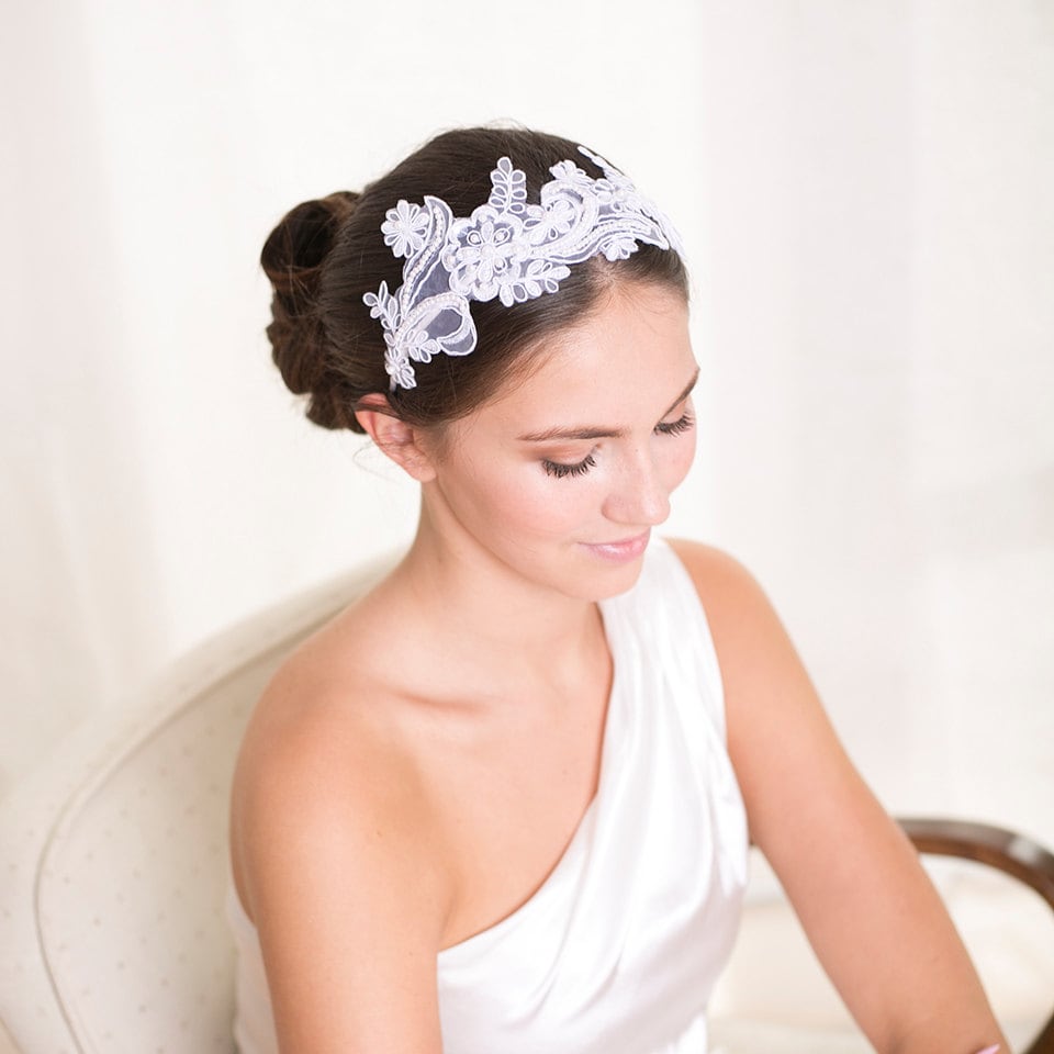 Bridal Lace Headband White Floral Pearl Headpiece