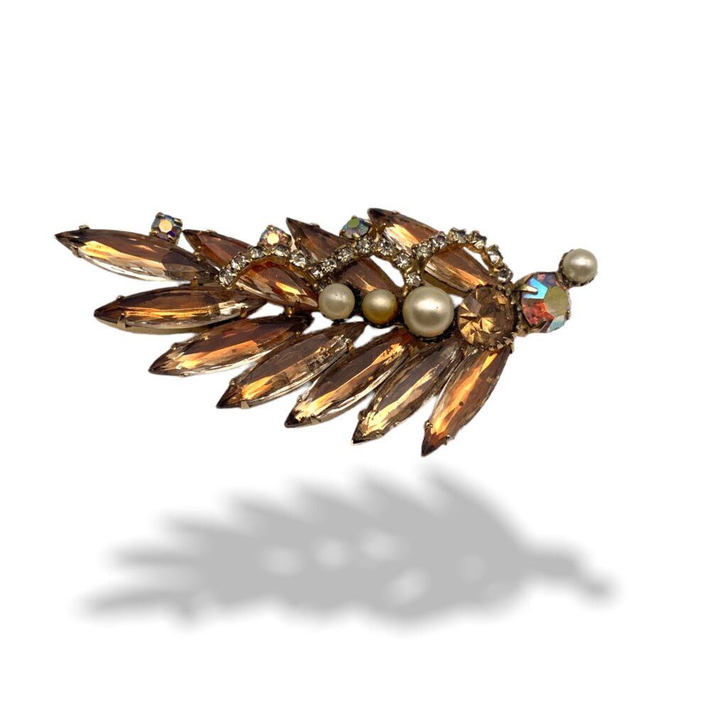 Leaf Motif Vintage Rhinestone Brooch W/Lengthy Navette & Pearls, Accentuated By Jeweled Ribbon - Art.691/5