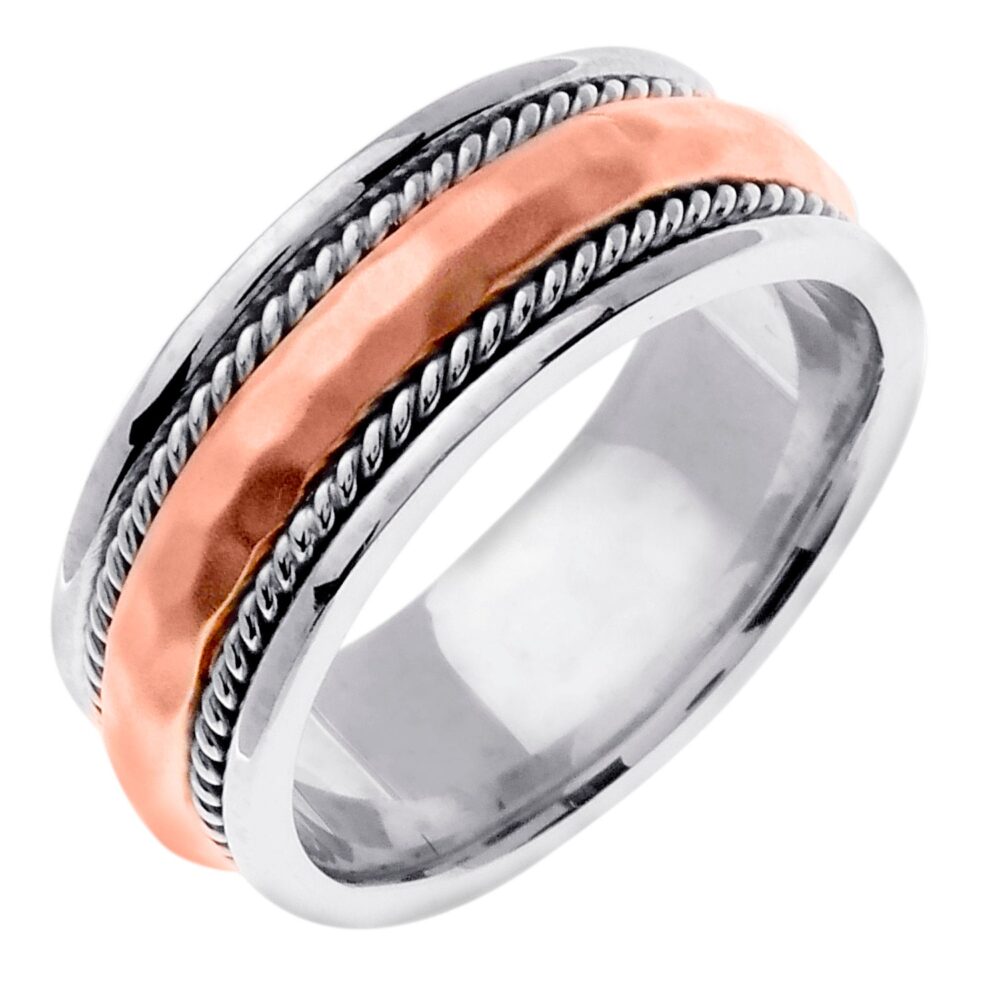 Two Tone Gold Hand Hammered Design, Comfort Fit With Rope Twist, Wedding Band, White Gold, Rose Platinum, 14K/18K/Plt
