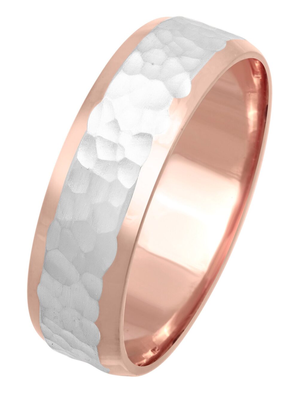 Unique 7mm Two Tone Gold Hand Hammered Design, Beveled Edges Wedding Band, White & Rose Brush Finish, 14K/18K, Platinum