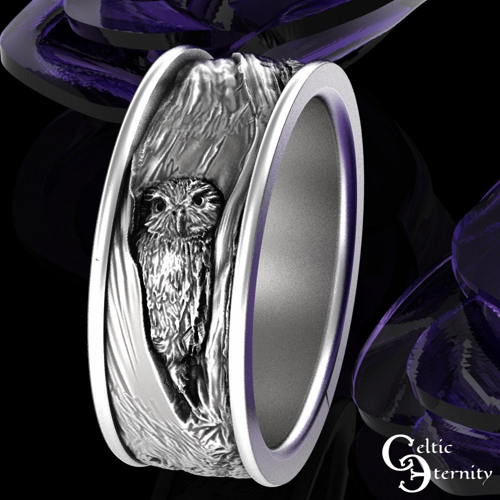 sterling Silver Owl Wedding Ring, Band, Jewelry, Spirit Animal, Unique 1794
