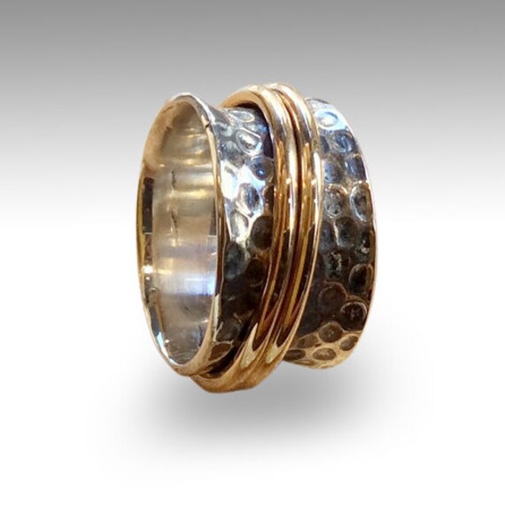 Silver Wedding Ring, Yellow Gold Spinner Hammered Unisex Two Tone Stacking Rings, Silver Band - in My City R2300