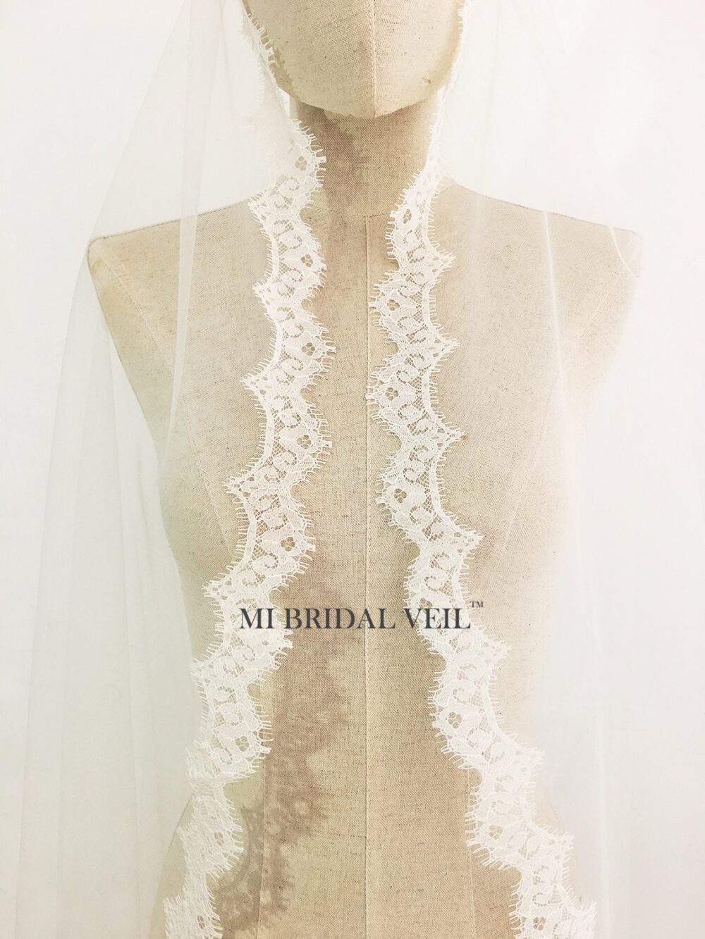 Cathedral Wedding Veil, Chantilly Lace Veil Cathedral, Mantilla With Blusher, Small Eyelash Mi Bridal