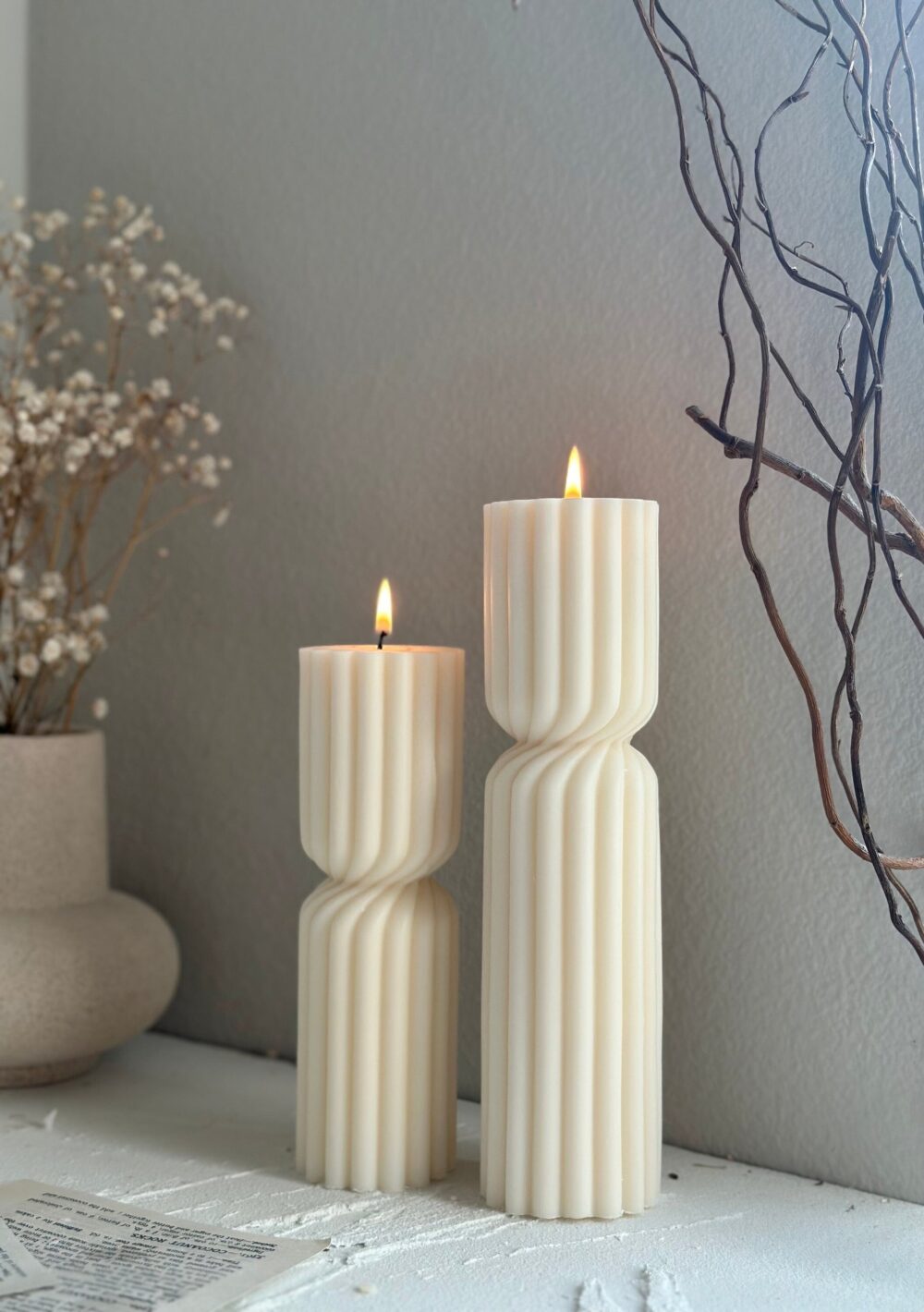 Tall Ribbed Pillar Candle Undyed Soy Wax Sculptural Candle