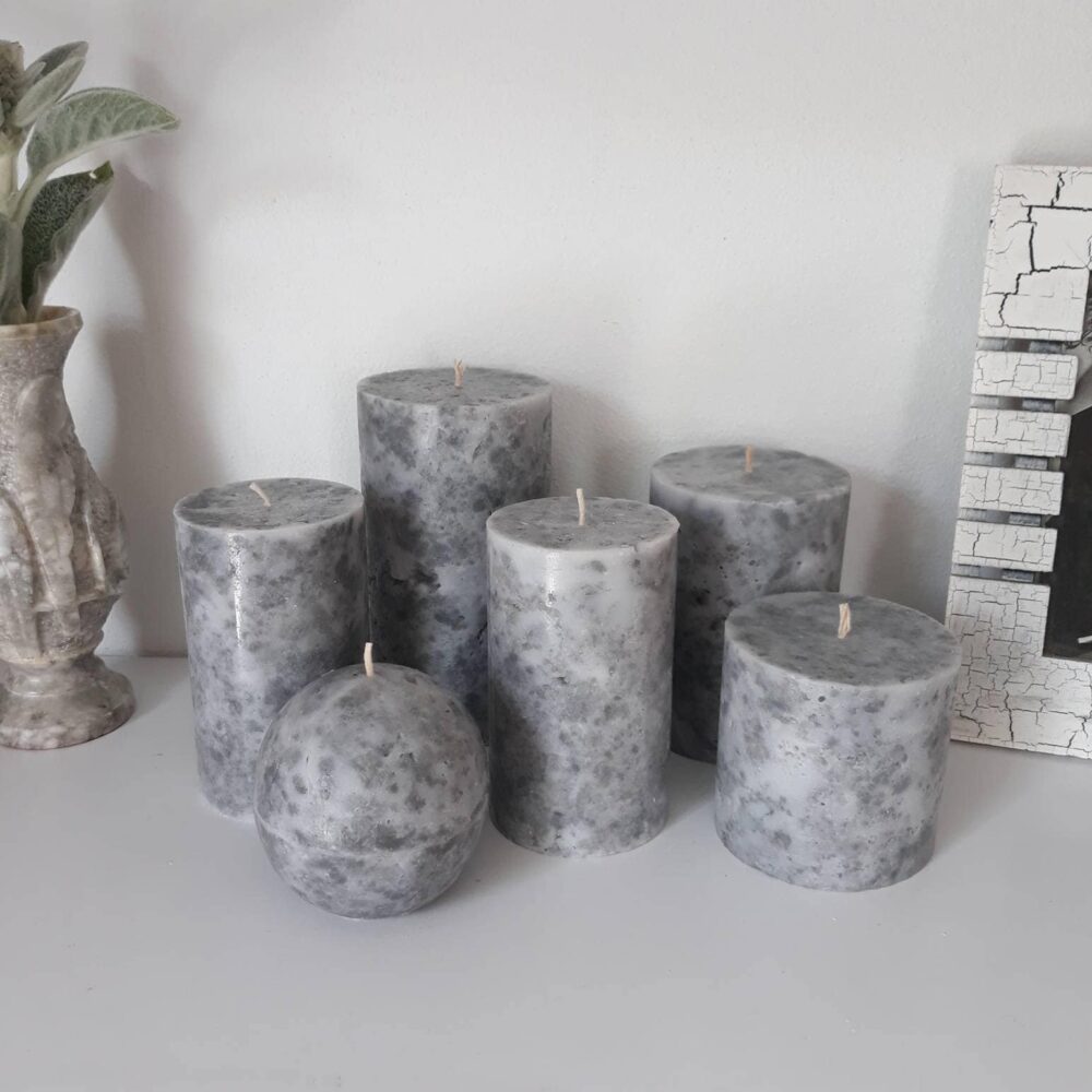 Grey Pillar Candles Unique Decorative With Marble Texture. Industrial Style Decor For Office Or Home. Choose The Size