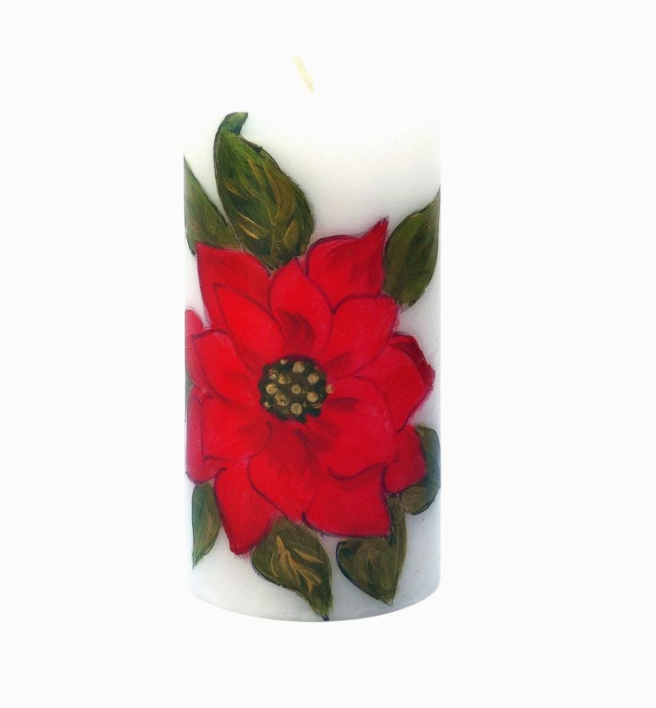 Hand Painted Red Poinsettia Pillar Candle, Classic Christmas Decor, Holiday Table Decoration