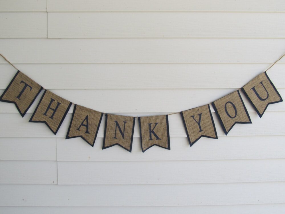Rustic Burlap "Thank You" Wedding Banner Shown With Navy Blue Lettering & Outline