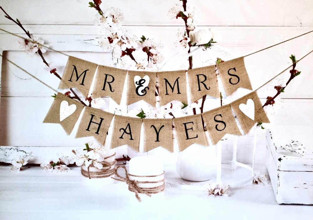 Rustic Burlap Mr & Mrs Wedding Banner Personalized Family Decor