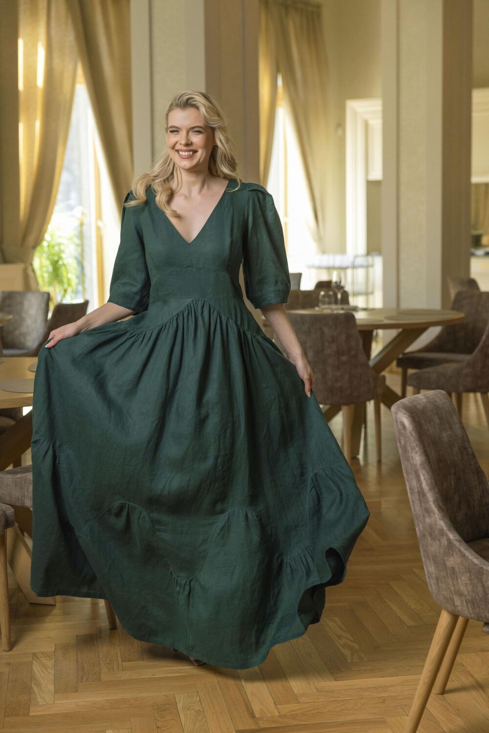 Elopement Dress - Plus Size Linen Gown Eco Boho Wedding With Puff Sleeves Forest Bride Fall Maxi