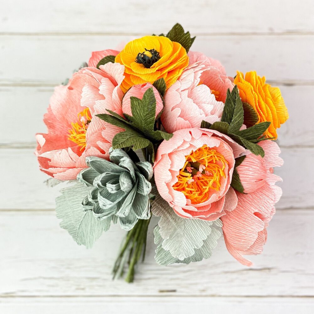 Crepe Paper Flowers, Coral Charm Peony Bridesmaid Bouquet, 1st Anniversary & Mother's Day Gift