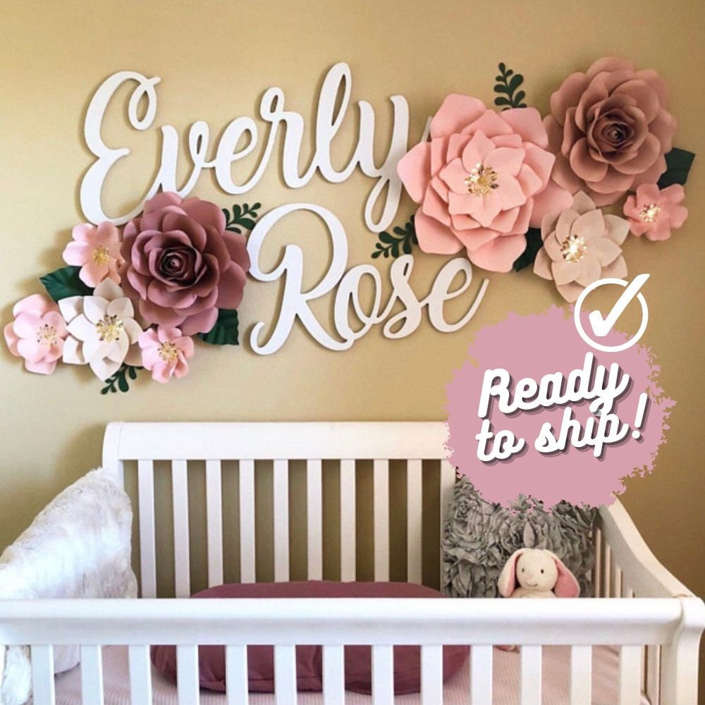 Paper Flowers Nursery Wall Decor|Mauve & Dusty Rose | Wall Decor| Blushpaper Flowers For |Wood Name Not Included
