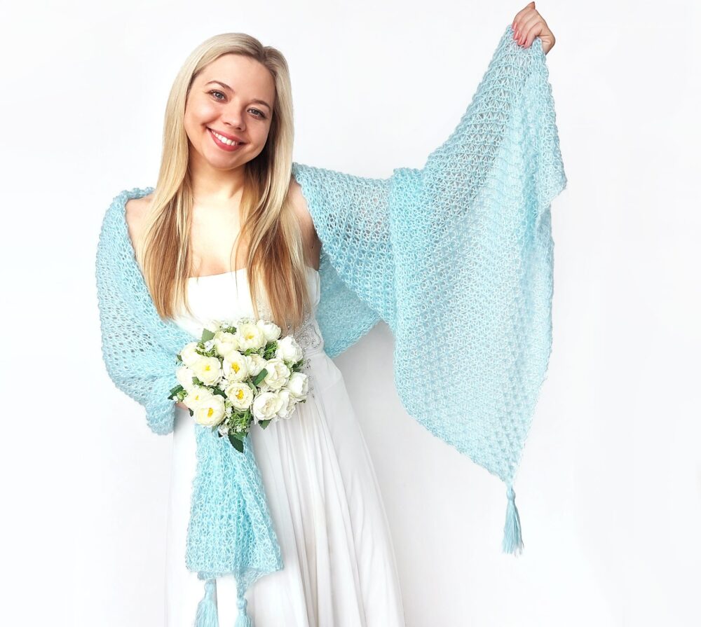 Bridal Shawl Aqua Blue, Cover Up, Wedding Bolero, Mohair Knitted Shawl, Capelet, Cape, Wrap For Bridesmaid Winter
