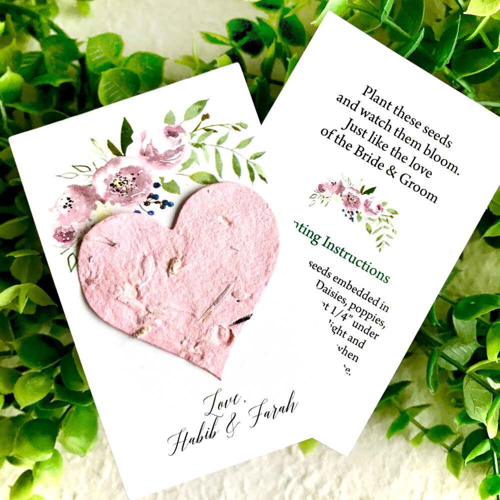 Personalized Seed Paper Wedding Favor Cards - Floral Your Choice Plantable Heart Color