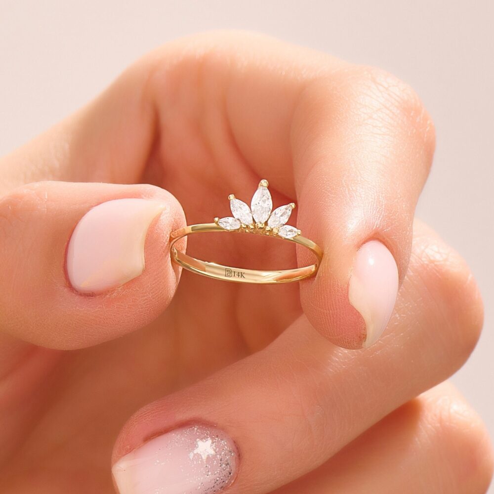 10K Gold Tiny Engagement Ring For Women, Solid Marquise Cubic Zirconia Crown Promise Ring, Dainty Diamond Cz Band Stacking Jewelry