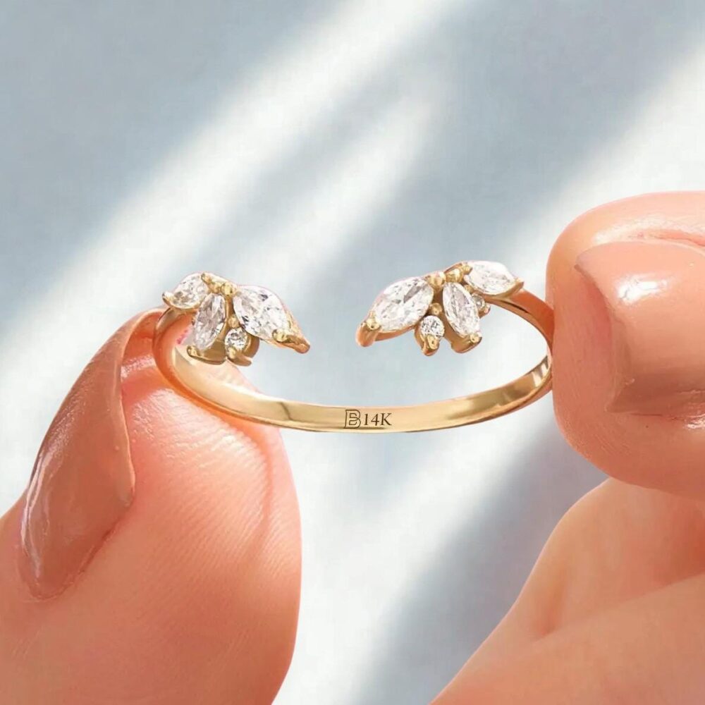 14K Gold Open Wedding Band, Solid Gap Ring, Womens Cuff Stacking Lab Created Diamond Cz Marquise Stackable Ring