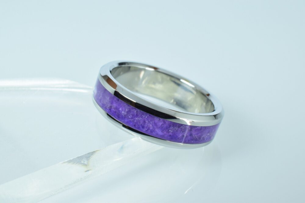Wedding Ring, Stainless Steel Ring With Crushed Amethyst Inlay
