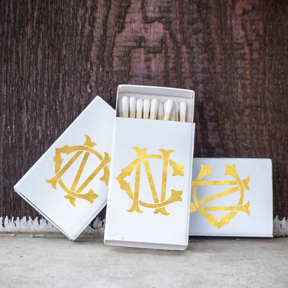 Vintage Monogram Wedding Matchboxes, Classic Personalized Elegant Favor Matches