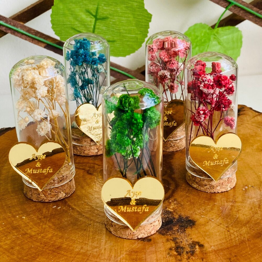 Dry Flower Wedding Favors Personalized Glass Tube, Heart Plexi Gift