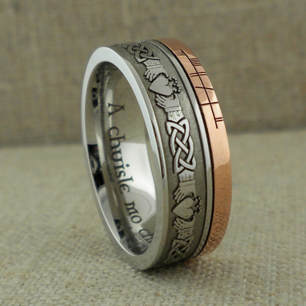 Celtic Claddagh Wedding Ring With Customized Ogham Rail in Cobalt Chrome 2.5mm Rose Gold Inlay Personalized Band Comfort Fit