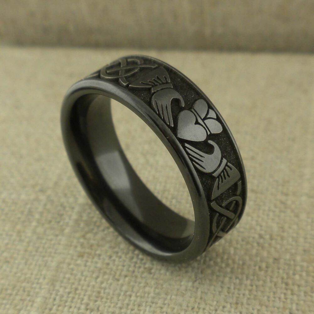 Size 6, 9 Or 15 Celtic Claddagh Wedding Ring Black Zirconium 8mm Wide Knot & Band Geti Comfort Fit