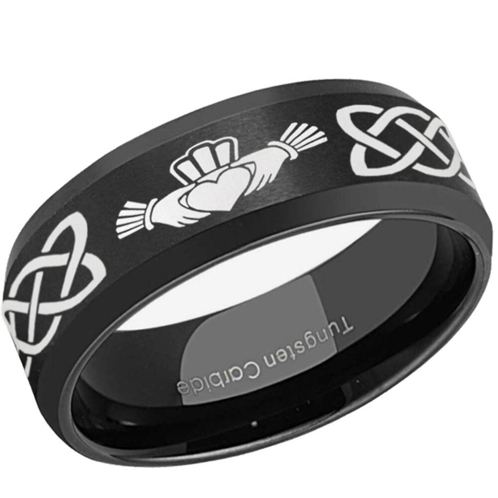 6, 8mm Tungsten Irish Claddagh Wedding Bands, Beveled Edge Black Rings, Celtic Knot Ring, Gift For Him