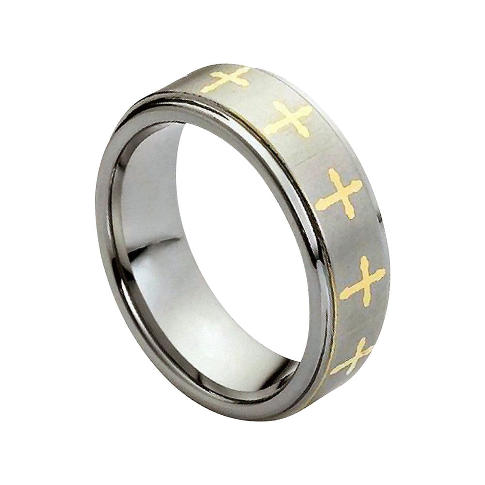 Tungsten Wedding Band Cross Ring Mens 8mm Engagement Brushed Silver Carbide Man 18K Yellow Gold