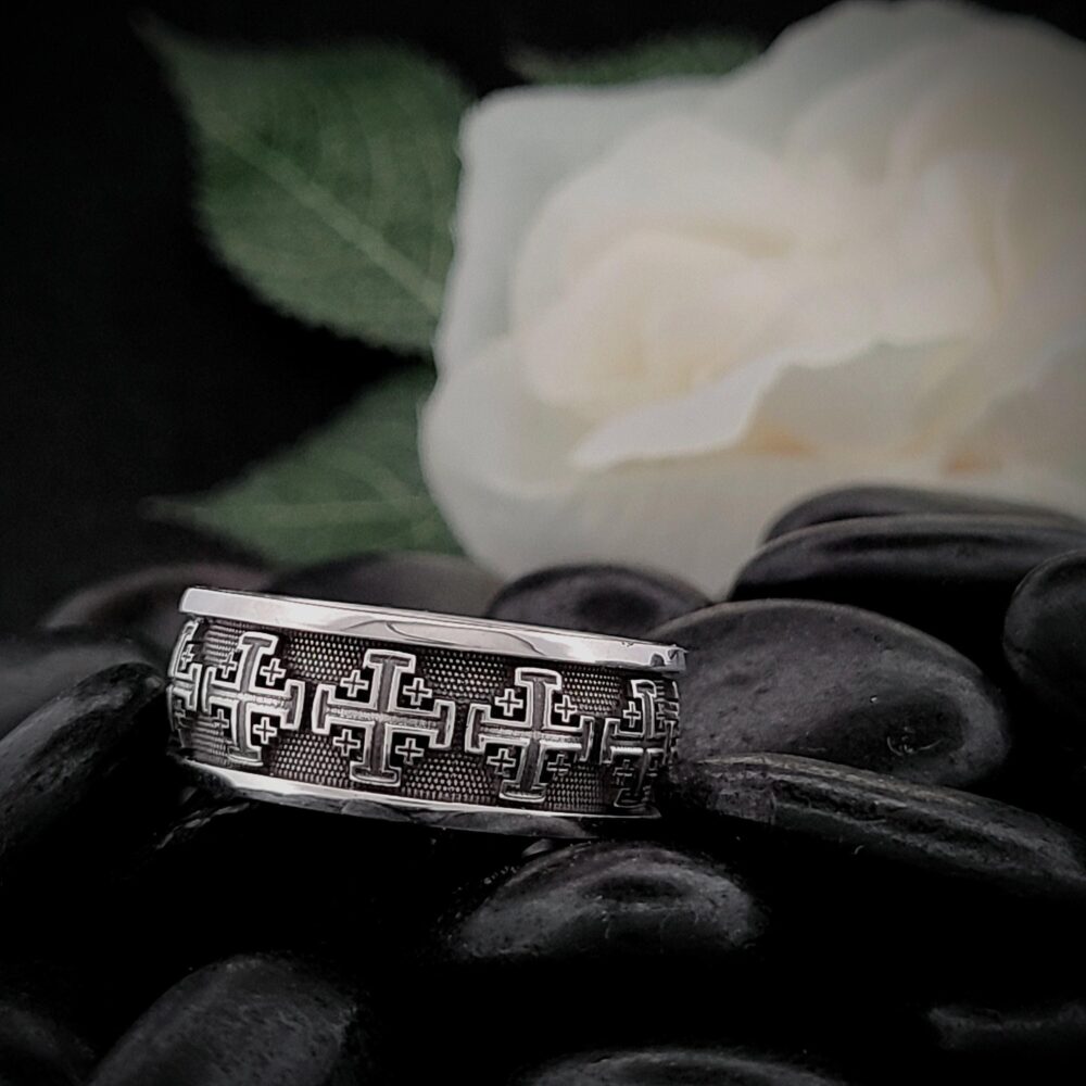 Jerusalem Cross Wedding Ring Sculpted Religious Gospel Protestant Jewelry Christian Orthodox Church Band Anglican Episcopal Service