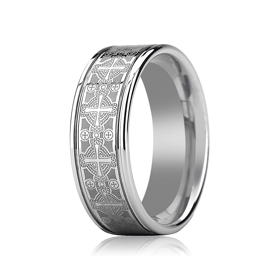 Men's Wedding Band Tungsten Carbide Laser Engraved Intricate Cross Pattern Ring Brush Comfort Fit
