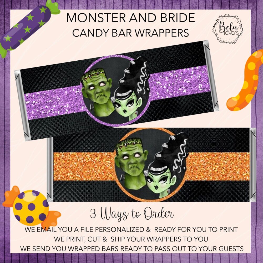 Monster Bride & Groom Halloween | Wedding Bridal Shower Chocolate Candy Bar Wrappers Fits The 1.55 Oz Hershey's Digital Or Printed