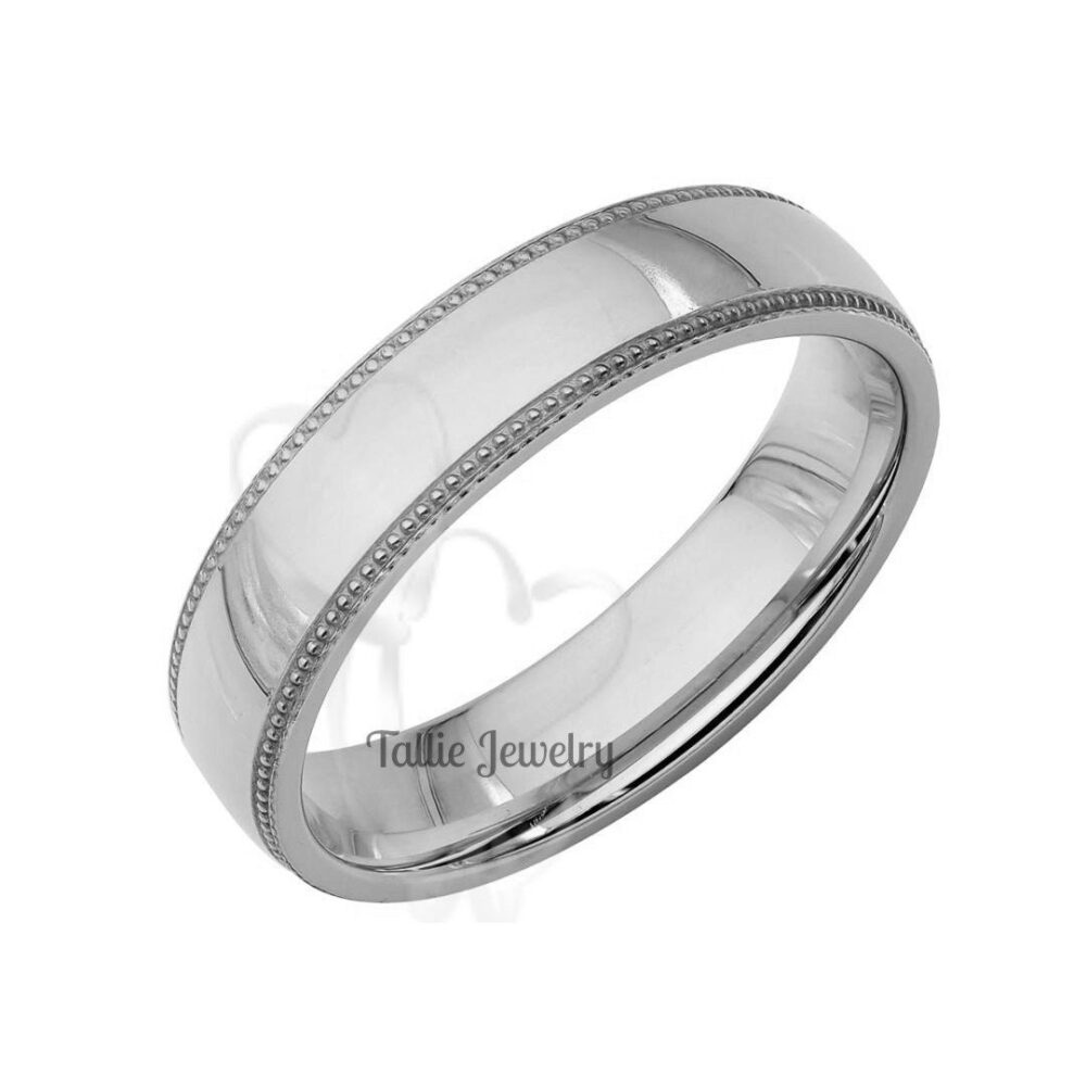 Platinum Wedding Ring, Band, 5mm Comfort Fit Dome Milgrain Mens Bands, Rings