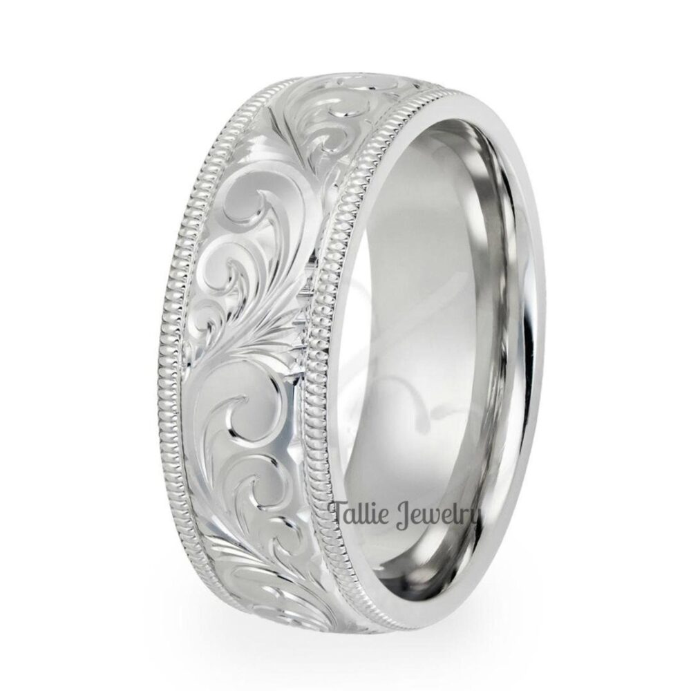 Hand Engraved Platinum Wedding Band, Ring, Mens Bands, Rings