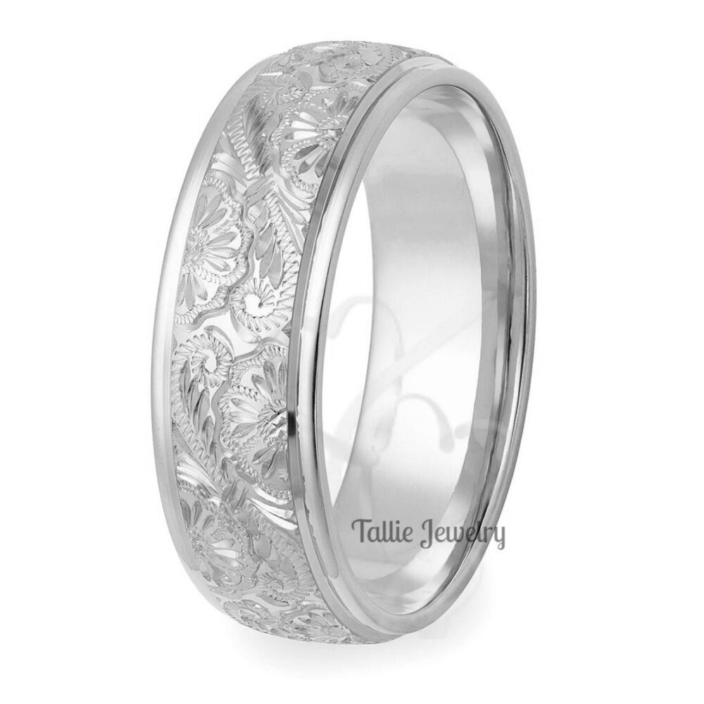 Hand Engraved Platinum Wedding Bands, Rings, Mens Band, Rings