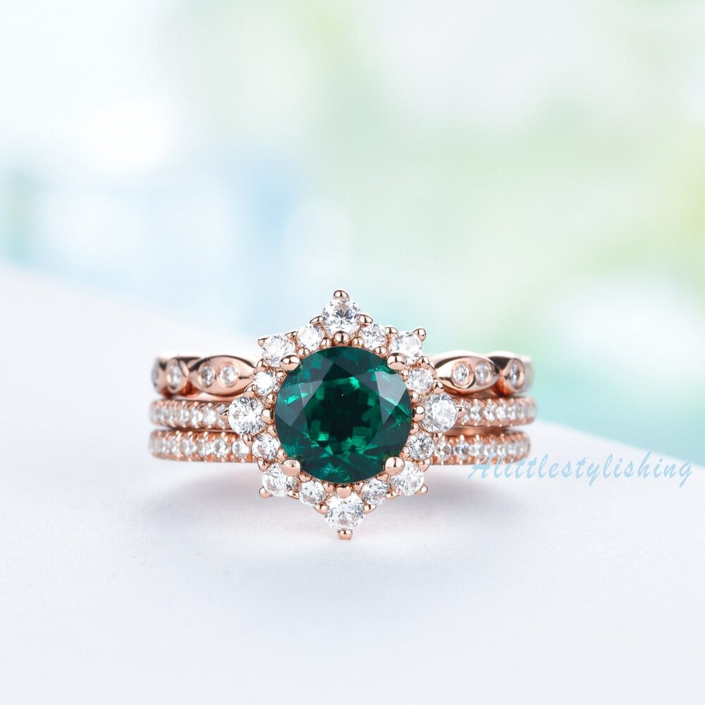 Emerald Engagement Ring Set Rose Gold 10K/14K Emerald Vintage May Birthstone Moissanite Wedding 3Pcs Bridal