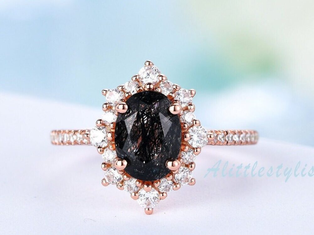 Black Rutilated Quartz Engagement Ring Oval Shaped Women 14K Rose Gold Anniversary Gift Promise For