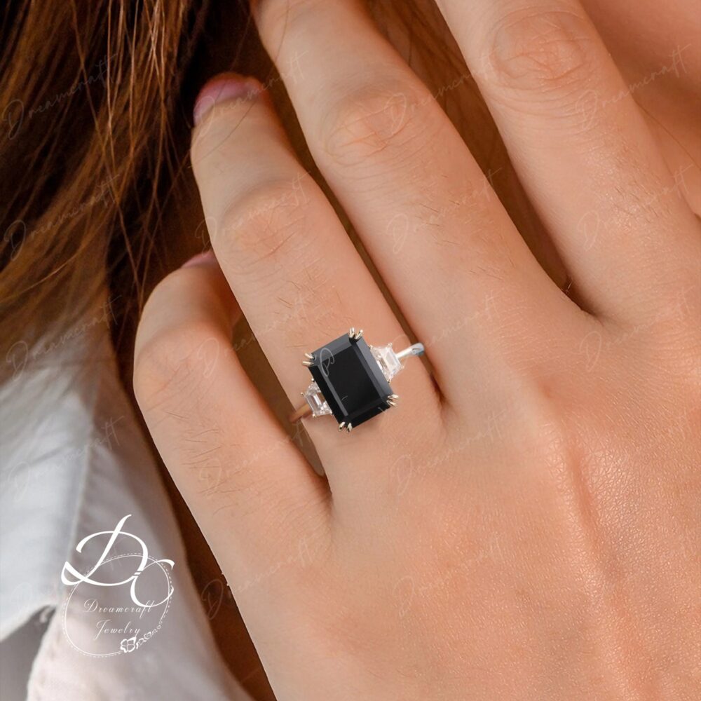 Black Onyx Engagement Ring 4Ct Emerald Cut Vintage 14K Yellow Gold 3 Stone Bridal Anniversary Gift For Women