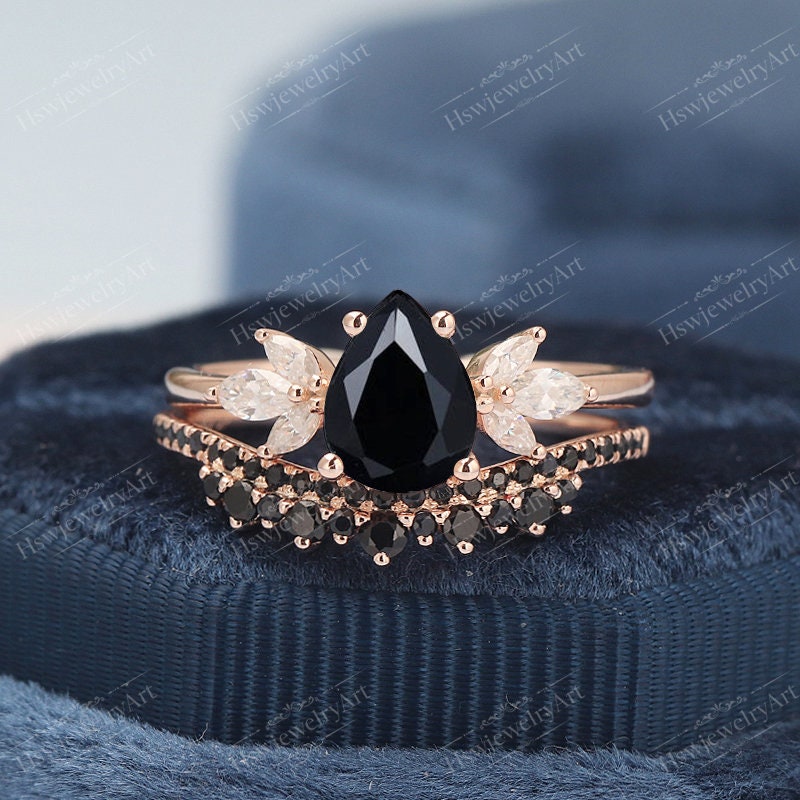 Black Onyx Engagement Ring Sets Rose Gold Half Eternity Pear Shape Bridal Set Unique Diamond Wedding Anniversary