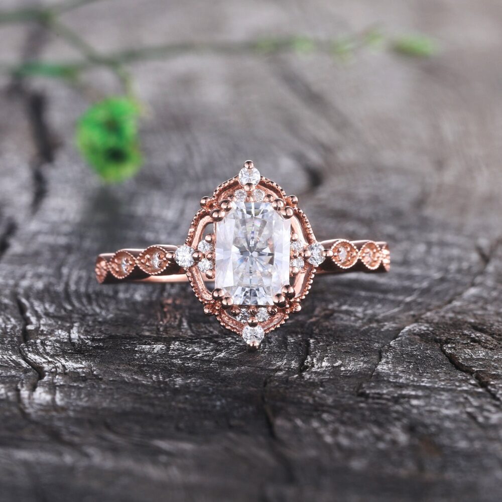 Antique Moissanite Engagement Ring, Radiant Cut Art Deco Bridal Promise Rose Gold Wedding Anniversary Gift