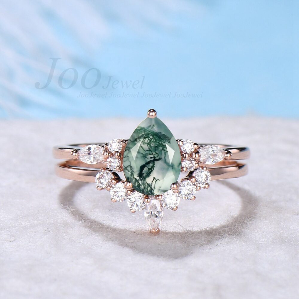 Unique Pear Shaped Engagement Ring Sterling Silver Natural Green Moss Agate For Women Vintage Crystal Set