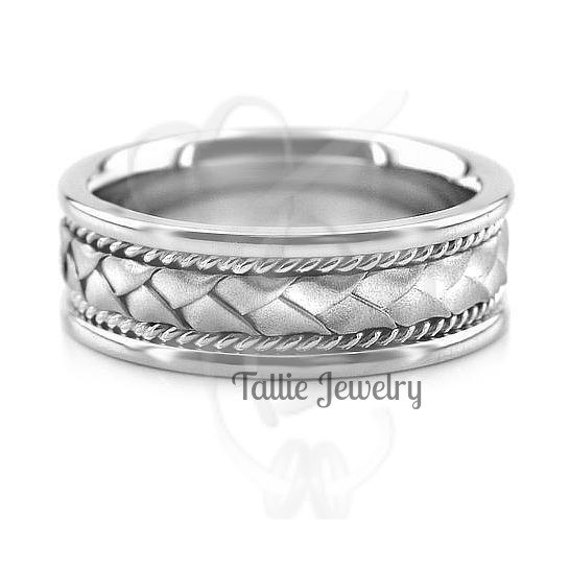 Mens White Gold Wedding Rings, Braided Bands, 7mm 10K 14K 18K Solid Ring