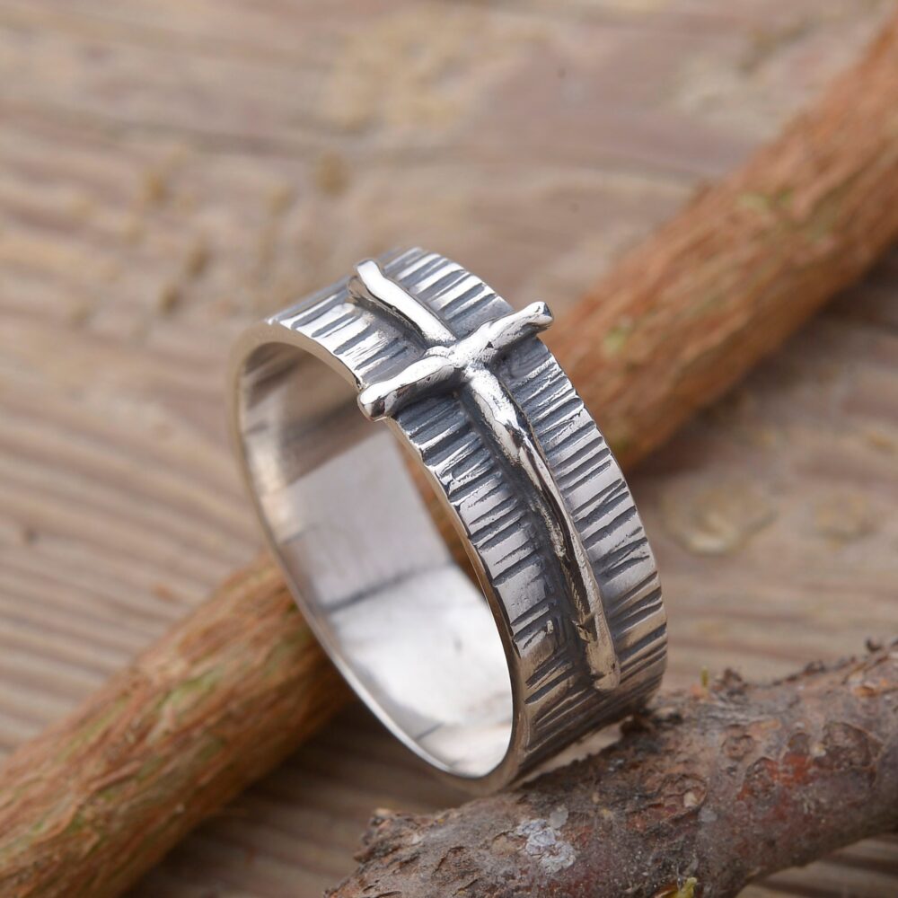 Cross Ring For Men, Sterling Silver Christian Band Ring, Gift Of Faith Him, 7.5mm Width, Jewelry, Da519