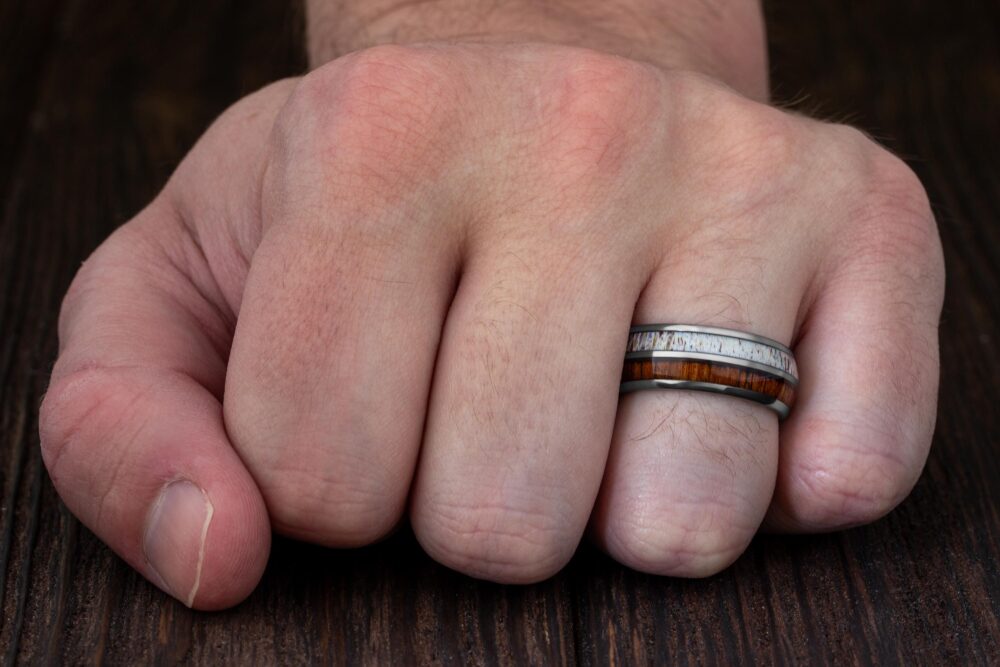 Antler Wedding Band, Men Wood Ring, Unique Mens Silver Tungsten Engagement Anniversary, Male Ring