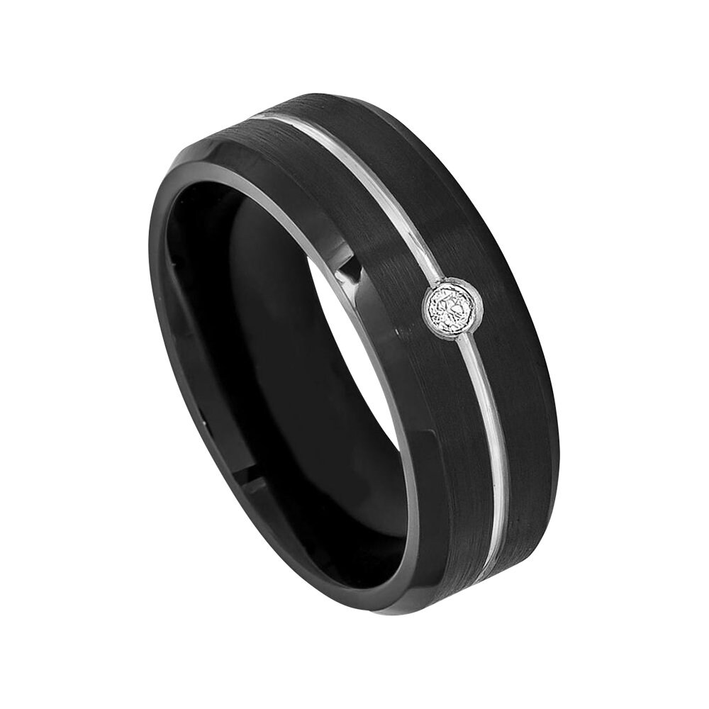 Mens Diamond Wedding Band Tungsten Ring Man 8mm Brushed Engagement Carbide Shiny Beveled Edges
