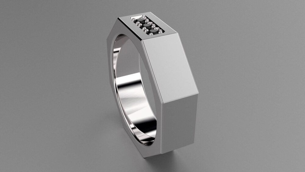 Black Diamond Silver 6mm Brushed Mens Wedding Band, Octagon Sterling Ring With 3 Diamonds, Mechanic Nut & Bolt