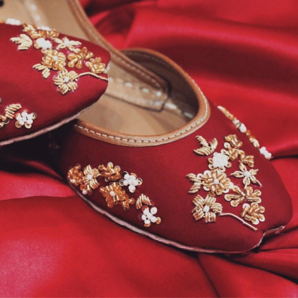 Red Satin Wedding Juttis Handmade Indian Bridal Flats With Dabka & Pearls