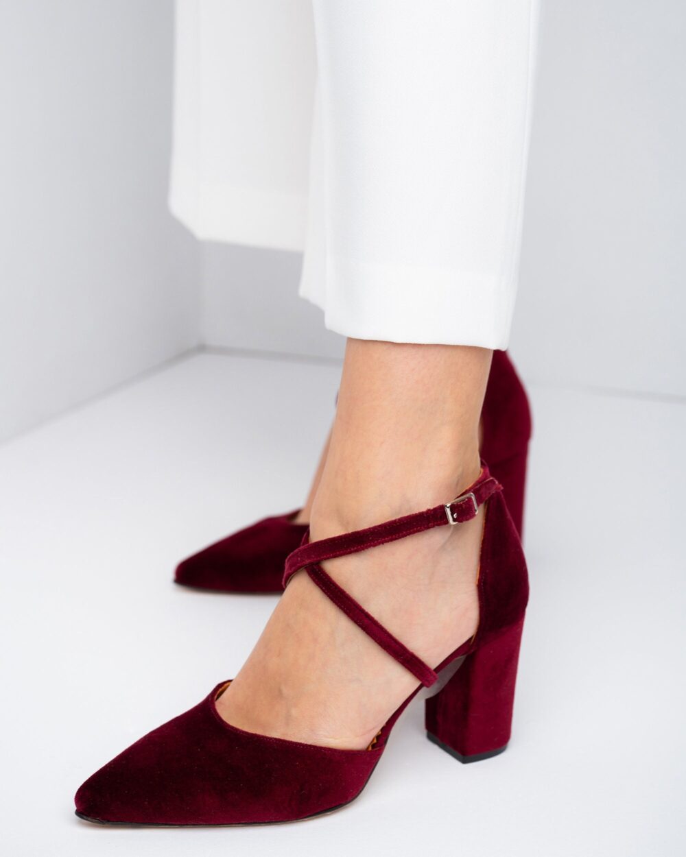 Burgundy Velvet Wedding Shoes, Velvet Heels, Bridal Red Wedding Block Heel Bridal Shoe, Block Tall Heels - Veletta