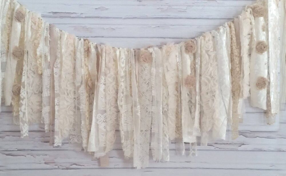 Wedding Rag Garland Backdrop White Boho Wedding Decor Fabric Lace Banner Vintage Garland Shabby Chic Table Skirt Rustic Party