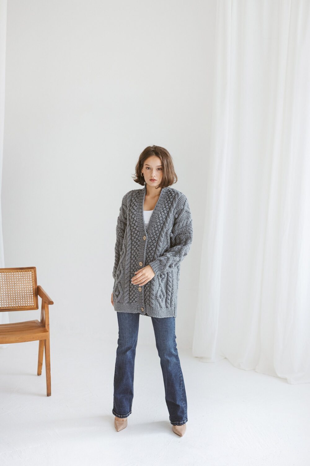 Gray Chunky Knit Alpaca Wool Cardigan With Buttons, Irish Cable Knitted Oversized Grey Women's Sweater, Handmade Thick Aran Long Jacket Xxl