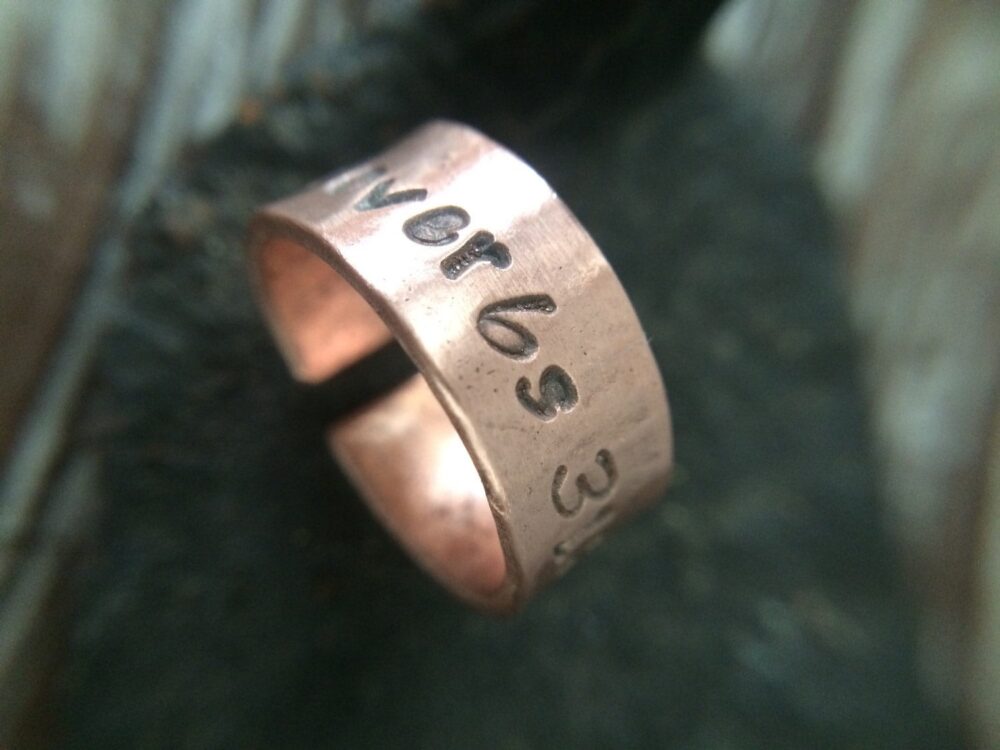Adjustable Raw Copper Wedding Band - Hand Stamped Bible Book & Verse Cuff Ring Customizable Unique 7Th Anniversary Gift For Christians